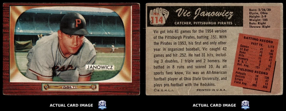 1955 Bowman #114 VIC JANOWICZ Pittsburgh Pirates VG (CREASE) - Image 3 of 4