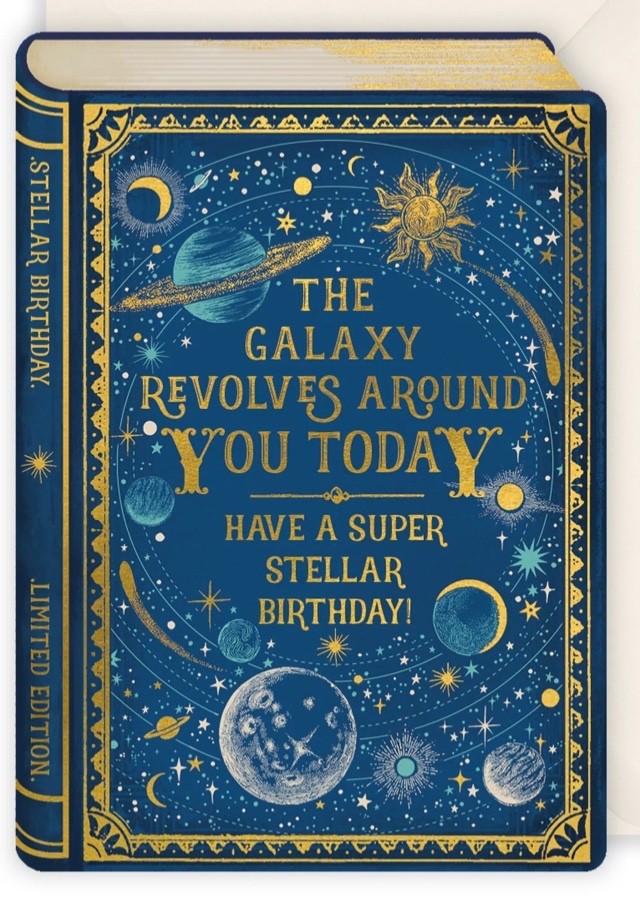 Galaxy Revolves Art Greeting / Birthday Card  Book Style Planets Celestial Gold