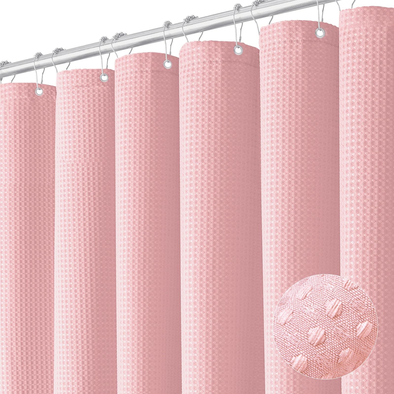 Pink Fabric Shower Curtain - Waffle Weave Textured Heavy Duty Cloth Shower Cu...