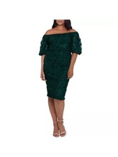 XSCAPE Womens Elbow Sleeve Off Shoulder Below The Knee Evening Sheath Dress