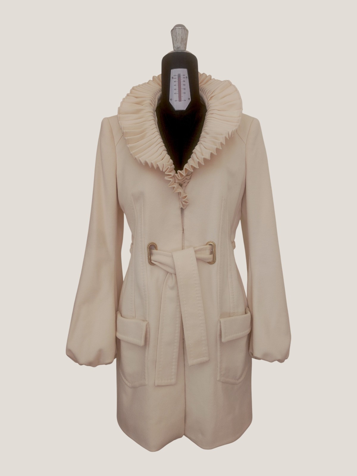 Roberto Cavalli Coat Ivory Cashmere Ruffle Collar + Belt S/M 44 IT Made in Italy