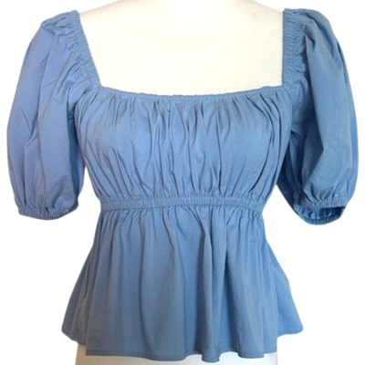 #ad #ad Express Puff Sleeve Milkmaid Top Womens XS Cropped Coquette Boho Cottage Blue $22.88