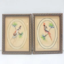 Vintage 1960's Handmade Feather Art Bird Pictures — Pair — 6" x 7.5" Framed Folk