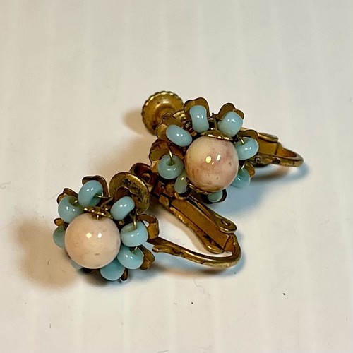 Vintage Miriam Haskell Earrings Tiny Glass Beaded Cluster Clip-On Screw Signed