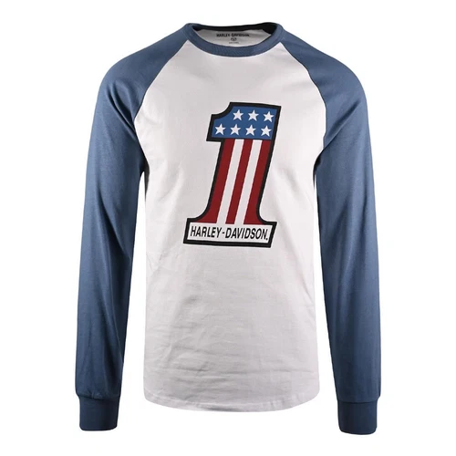 Harley-Davidson Men's T-Shirt Blue #1 Race Raglan Graphic Long Sleeve (S28)