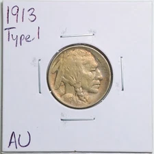 1913 Type 1 5C Raised Mound Buffalo Nickel in AU Condition #3846