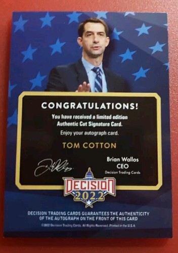 LEAF DECISION 2022 CUT SIGNATURE TOM COTTON AUTOGRAPH CARD - Picture 3 of 3