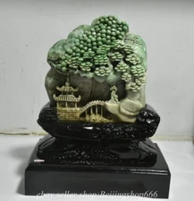 11.2" Chinese Emerald Jadeite Carved Mountain Tree House Bridge Figure Statue