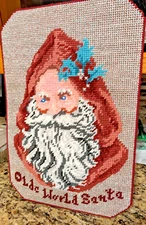 Vtg Hand Made Old World Santa Plastic Needlepoint Canvas Wall Decor 18 x 12