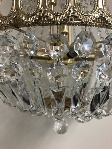 Vintage Hollywood Regency Crystal Chandelier Brass Basket Ceiling Lighting 60s - Picture 3 of 13