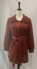 Green Envy Burnt Orange Red Satin Trench Coat Scalloped Collar Pleated Medium