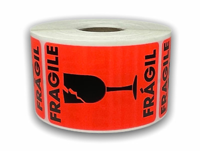 2x3-inch Broken Glass Fragile Fragil Labels Red Adhesive Bilingual 500 Stickers