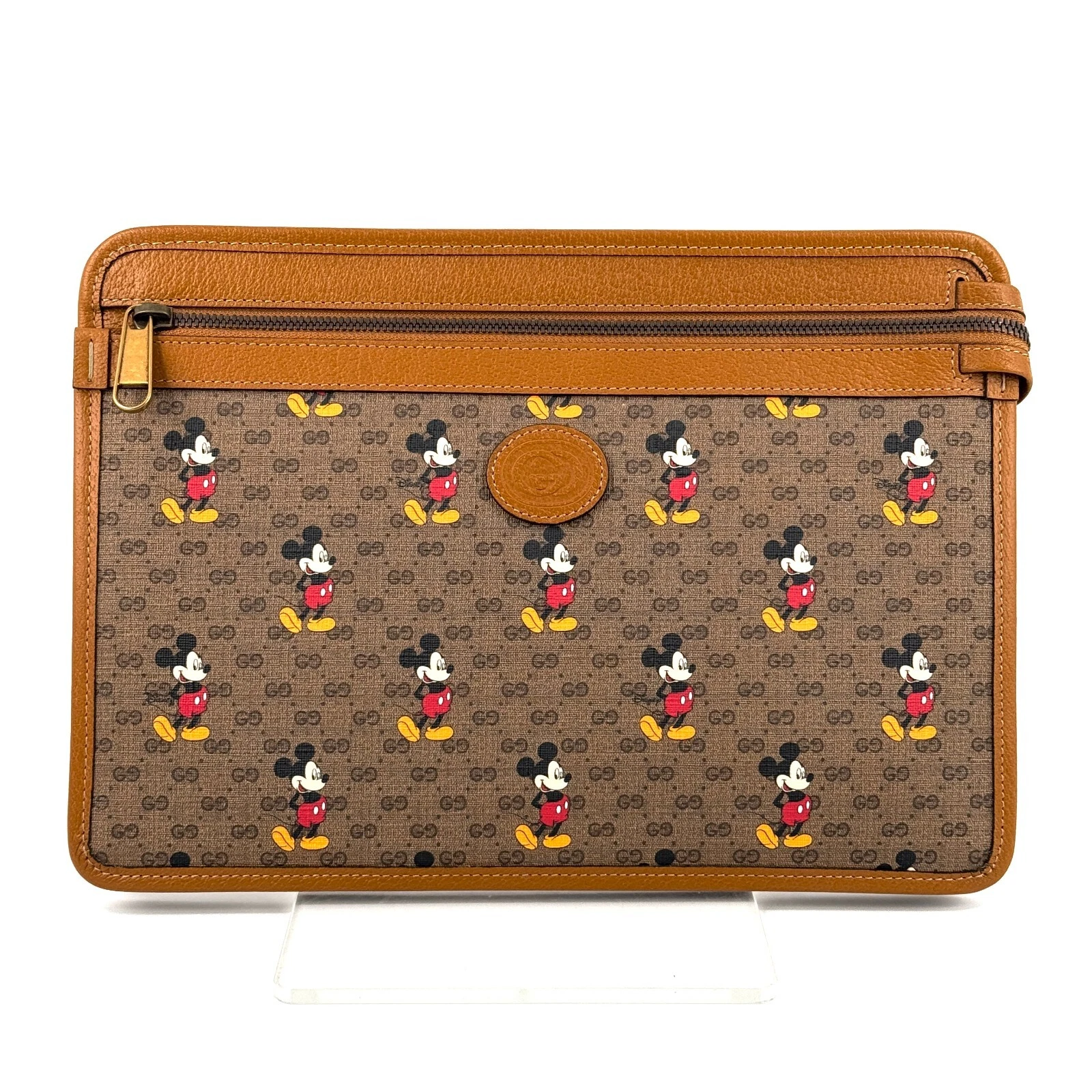 Sac pochette GUCCI Disney Mickey Mouse marron GG Supreme PVC cuir authentique