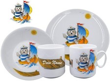 Geschirr mit Namen / 3-tlg. Porzellan-Set / Robbe Boot / Seehund Segler 