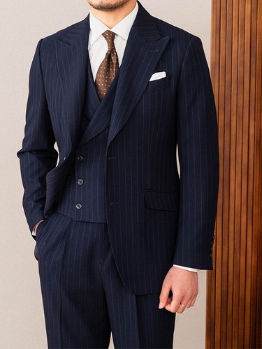 Abito uomo business a righe classico blu navy abbigliamento da lavoro formale - Foto 3 di 20