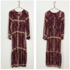 Altar'd State Large Brown Patterned Patchwork Long Sleeve Boho Midi Dress