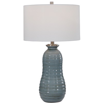 Crackled Ceramic Light Blue Ribbed Table Lamp | Spiral Shaped Vintage Style Boho