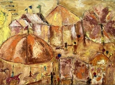 Original Vintage Naive Painting – Carnival - Circus Tents, Carousel & Ferris
