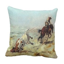 Throw Pillow Cover Cowgirl Vintage Western Cowboy Roping Steer 18 x 18