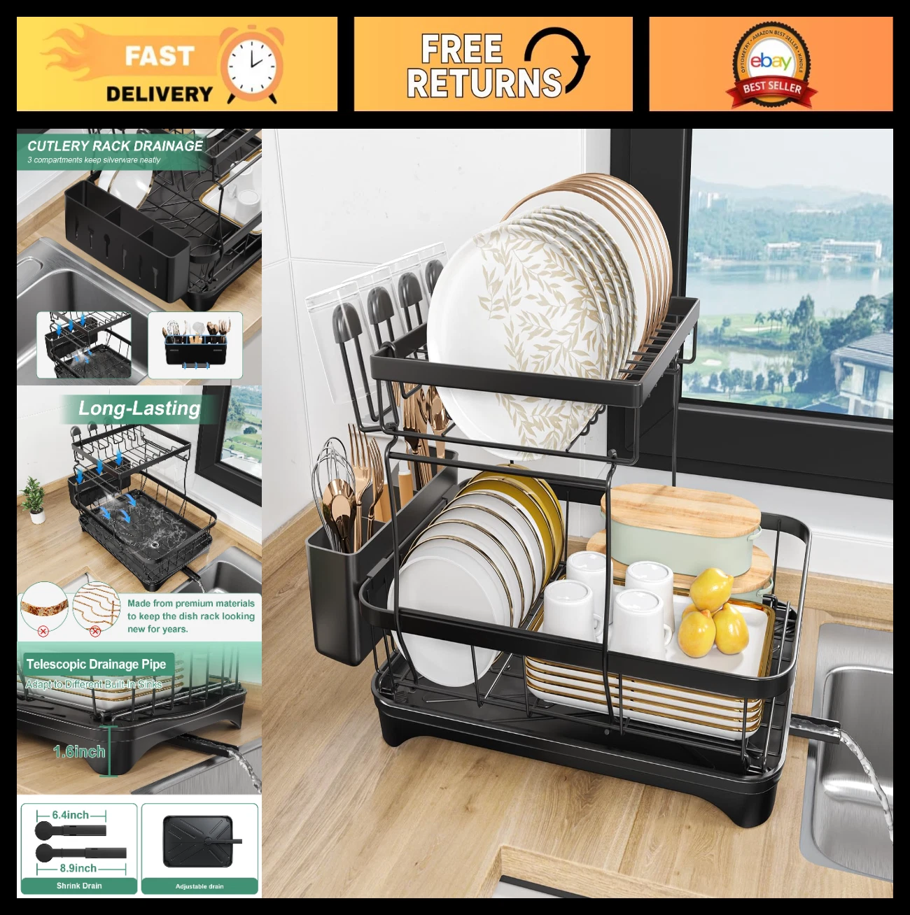2-Tier Large Dish Drying Rack - Space-Saving Kitchen Counter Organizer with Uten