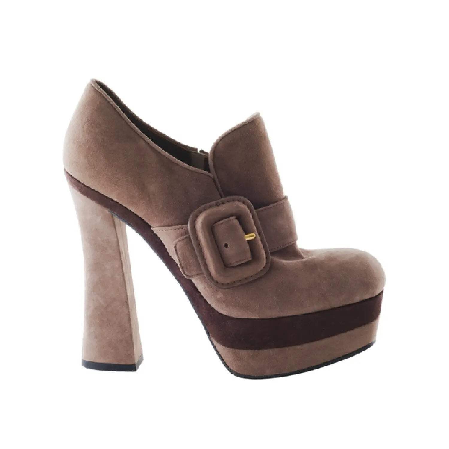 Scarpe con tacco Miu Miu in pelle marrone plateau zeppa decolte fibbia