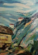 Post impressionist oil painting mountain village landscape signed