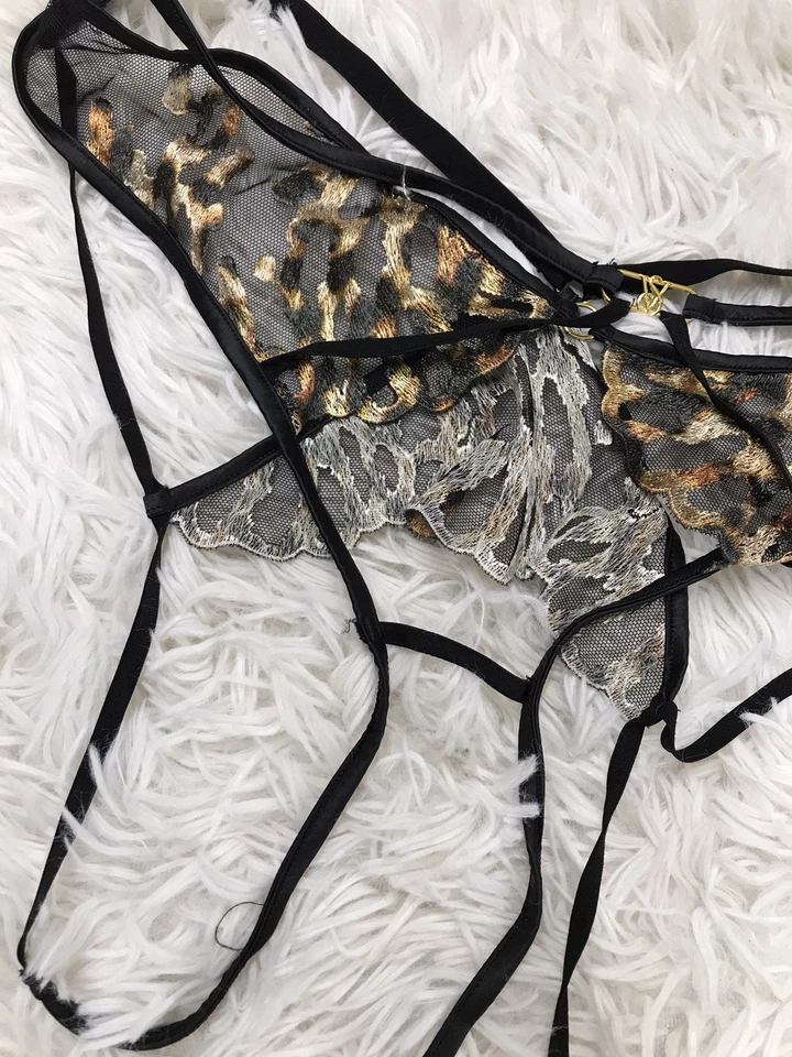 Victoria's Secret Lingerie Brazilian Thong Leopard Lace Strappy Crotchless L - Image 3 of 4