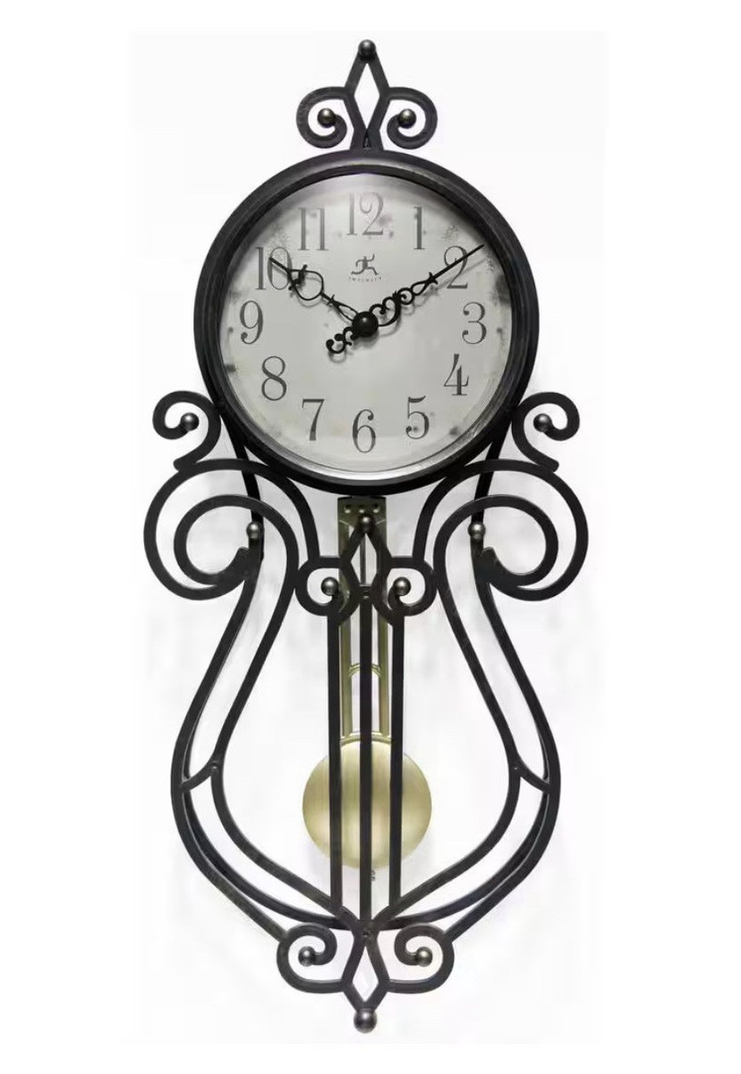 Black Metal Hanging Wall Clock w/ Pendulum, Scrollwork, Analog Arabic Numerals