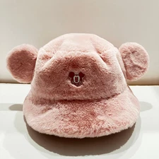 Tokyo Disney Resort Mickey Ears Fluffy Bucket Hat Pink Winter Cap Japan Used