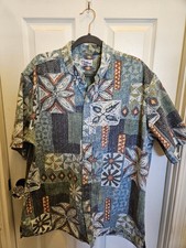 Reyn Spooner Vintage Men's XXL 2XL Blue Green Patchwork Tapa Hawaiian Shirt