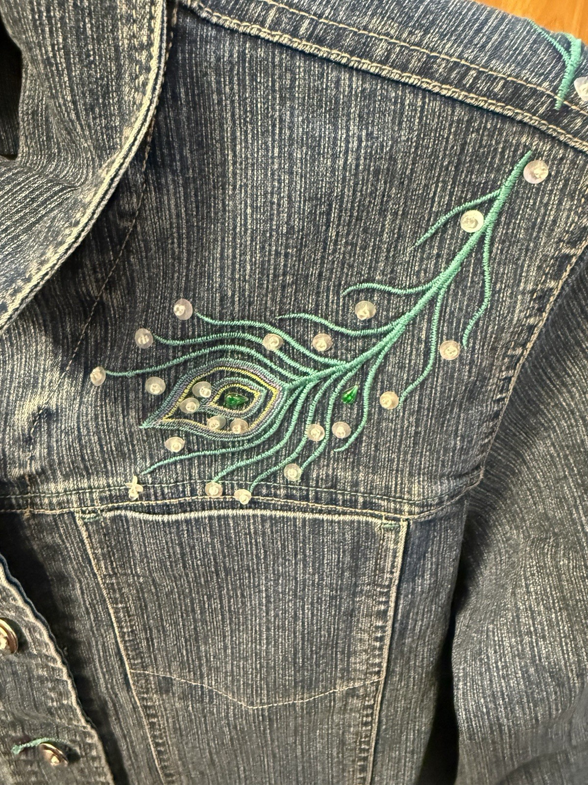 denim Jacket Sequined Size Large Rhinestones Butt… - image 4