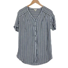 Max Studio Button Up Shirt Womens Medium Muti Striped V Neck Button Front Slit