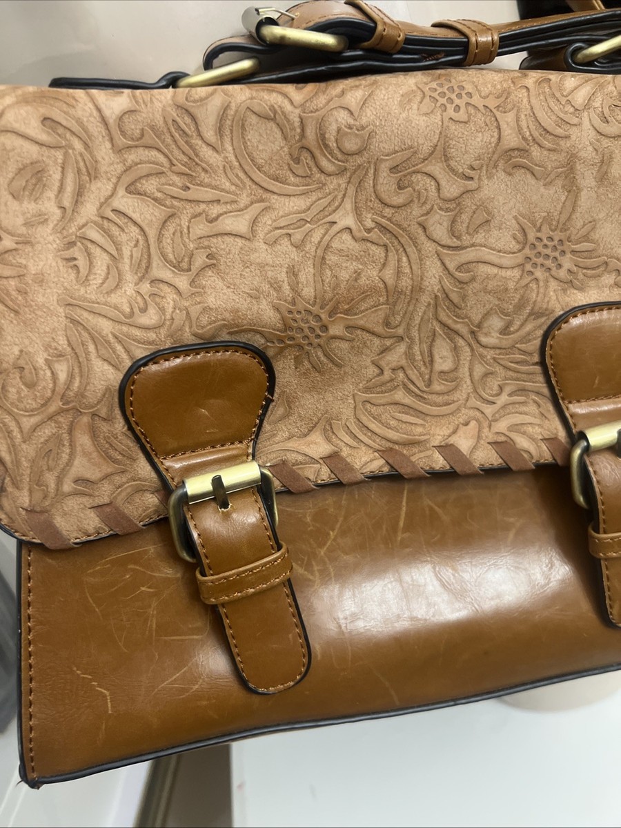 Tan Faux leather satchel or crossbody bag featuring a Embossed Flab Buckles View 3