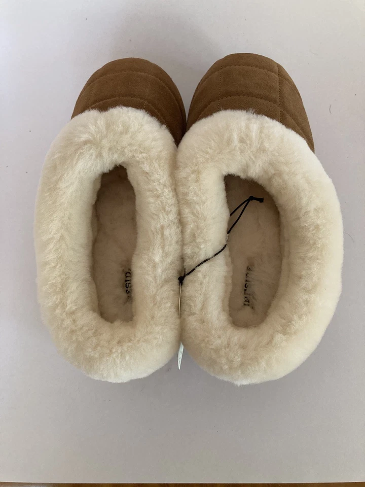 Chinelos Fireside By Dearfoam tamanho 7 100% couro castanho shearling genuíno novo com etiquetas - Imagem 4 de 4