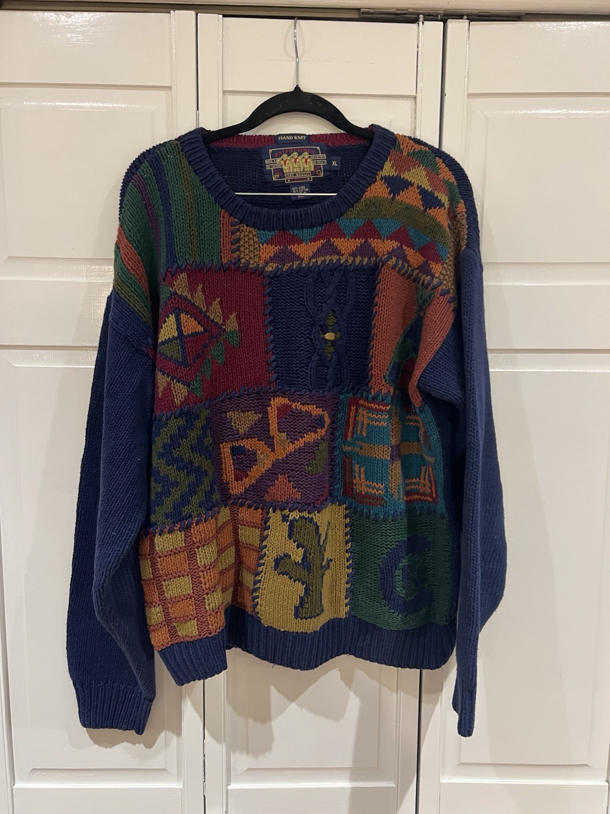 VINTAGE Chaps Ralph Lauren CRL Patchwork Tribal Aztec Cactus Hand Knit Sweater image 2