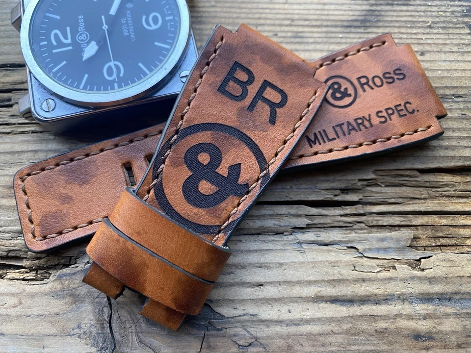 Pulseira de relógio feita à mão 24 mm, logotipo Bell & Ross, vintage, bege camuflado - marrom - Imagem 2 de 4
