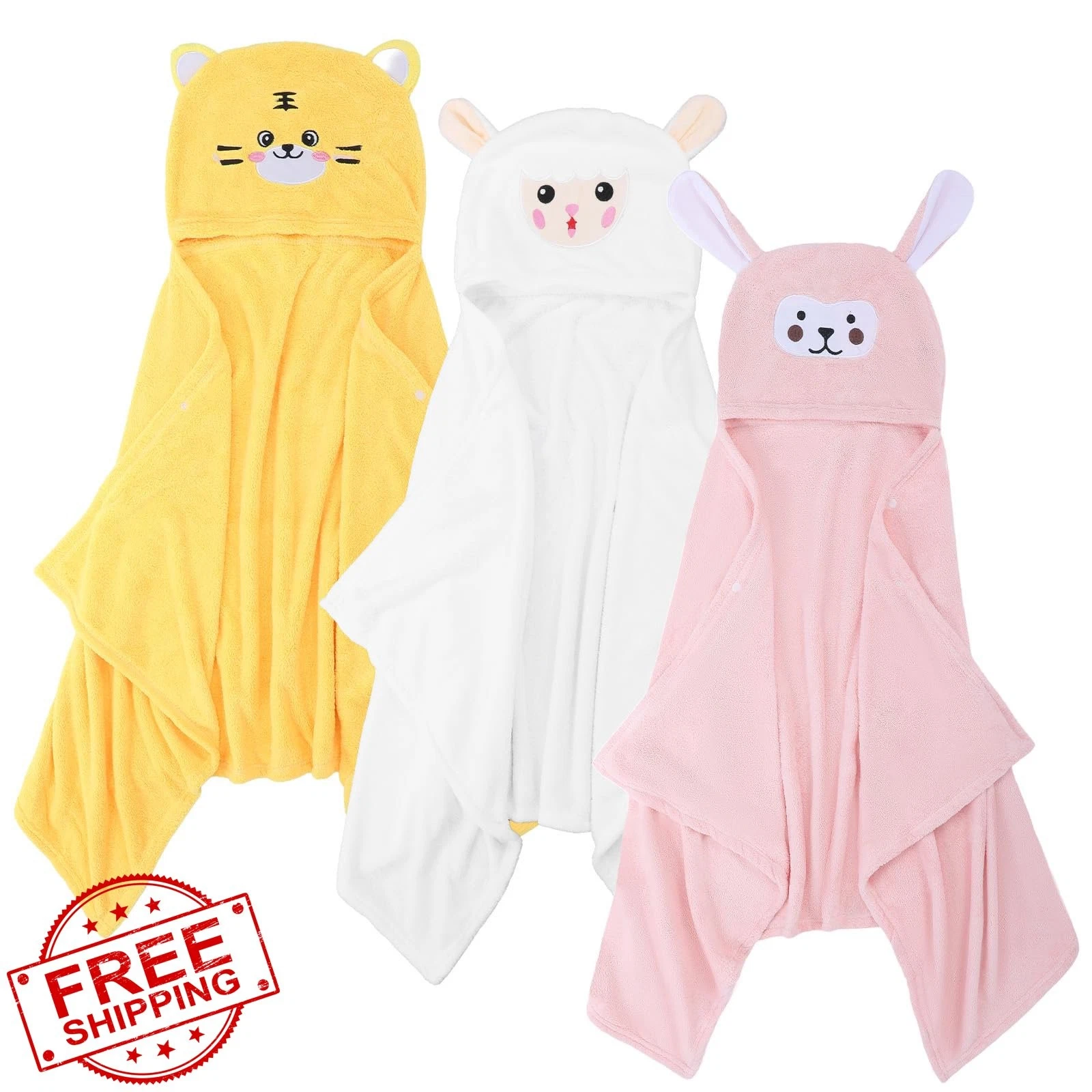 Kifmurase 3pk Toddler Hooded Bath Towels 27x55 Monkey Lamb Tiger