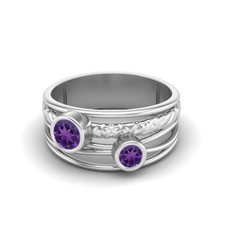 925 Sterling Silver 3MM Round Amethyst Hammered Shank Band Dual Stone Women Ring