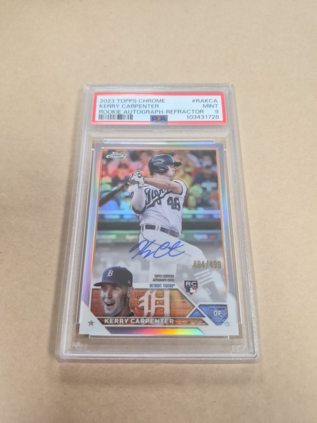 2023 Topps Chrome Rookie Autograph Refractor Kerry Carpenter RC #'D 499 PSA 9