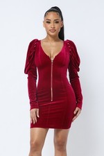 Brand New Ladies Burgundy Red Pleated Puff Sleeve Velvet V Neck Mini Dress Sz S