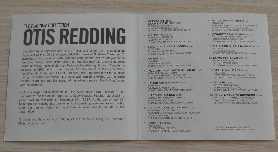 CD ALBUM THE PLATINUM COLLECTION OTIS REDDING 16 TITRES 2007 COMPILATION - Photo 3/3