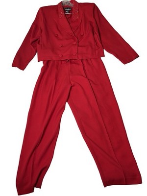NWT VTG 2pc Pants Suit Cropped Double Breasted Blazer Red Beaded Neck Petite 14