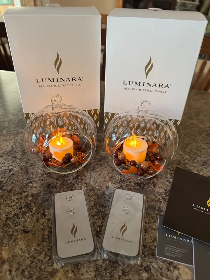 Luminara Fall Harvest Pumpkin Lot of 2 Glass Ornaments Flameless Candle & Remote - Image 2 of 4