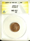1865 ANAC's MS 62 RB Indian Head Cent ☆☆ Plain "5" ☆☆ 345