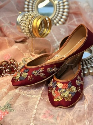 Burgundy Beaded Embroidered Sequin Ballet Flats for Women, Floral Slip-On