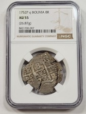 1752 Cob 8 Reales NGC AU55 Potosi Bolivia 26.87g Assayer q Nice *M32