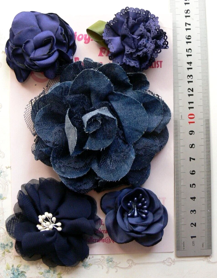 DENIM BLUE - Fabric Denim Lace Satin 5 Flower Pk 50-100mm NjoyfullCrafts H3 F — 第 2/4 张图片