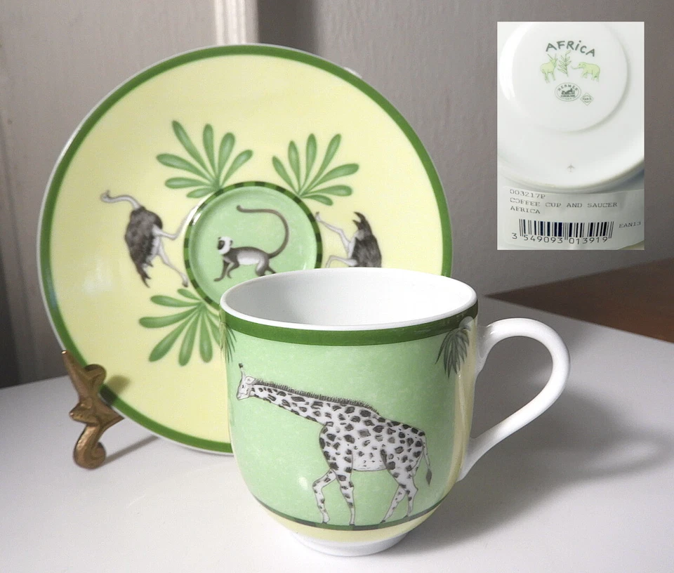 HERMES Porcelain, Paris, AFRICA GREEN Demitasse Cup & Saucer, New w/Tag