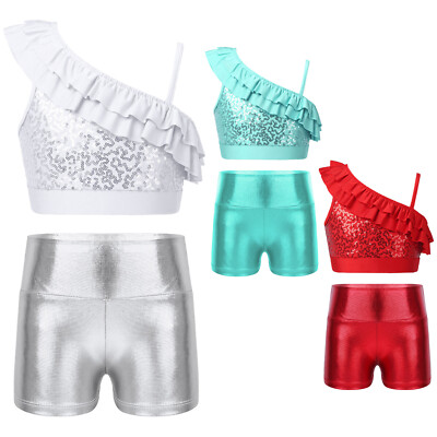 Mädchen Tanzbekleidung Kostüm Mit Metallic Shorts Workout Wettbewerb Outfits