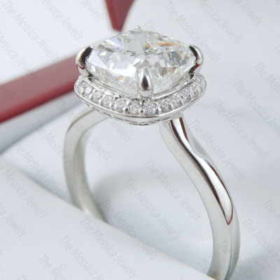 7mm Cushion Cut Moissanite Halo Knife Edge Engagement Ring 14k White Gold Plated